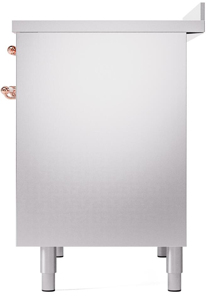 Stainless rear panel of freestanding induction range with copper trim and adjustable legs