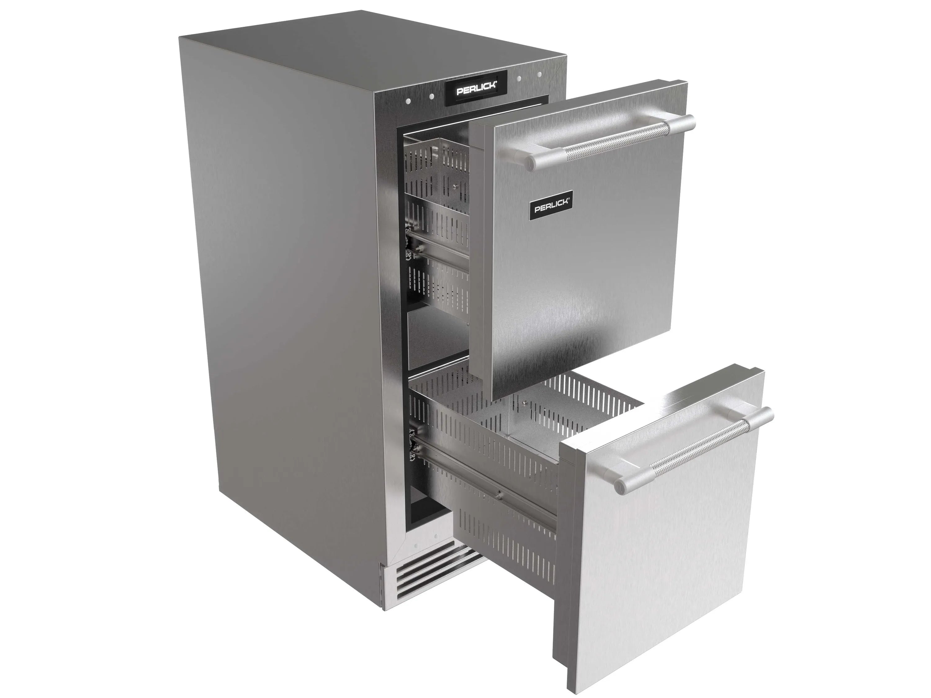 Stainless steel undercounter refrigerator drawers with two pull-out compartments