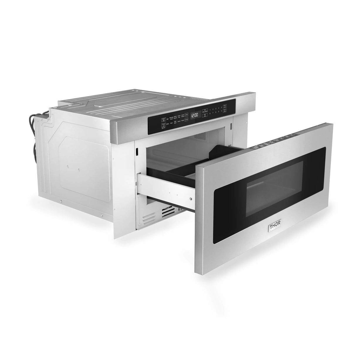 Stainless microwave drawer with open door and black control panel display