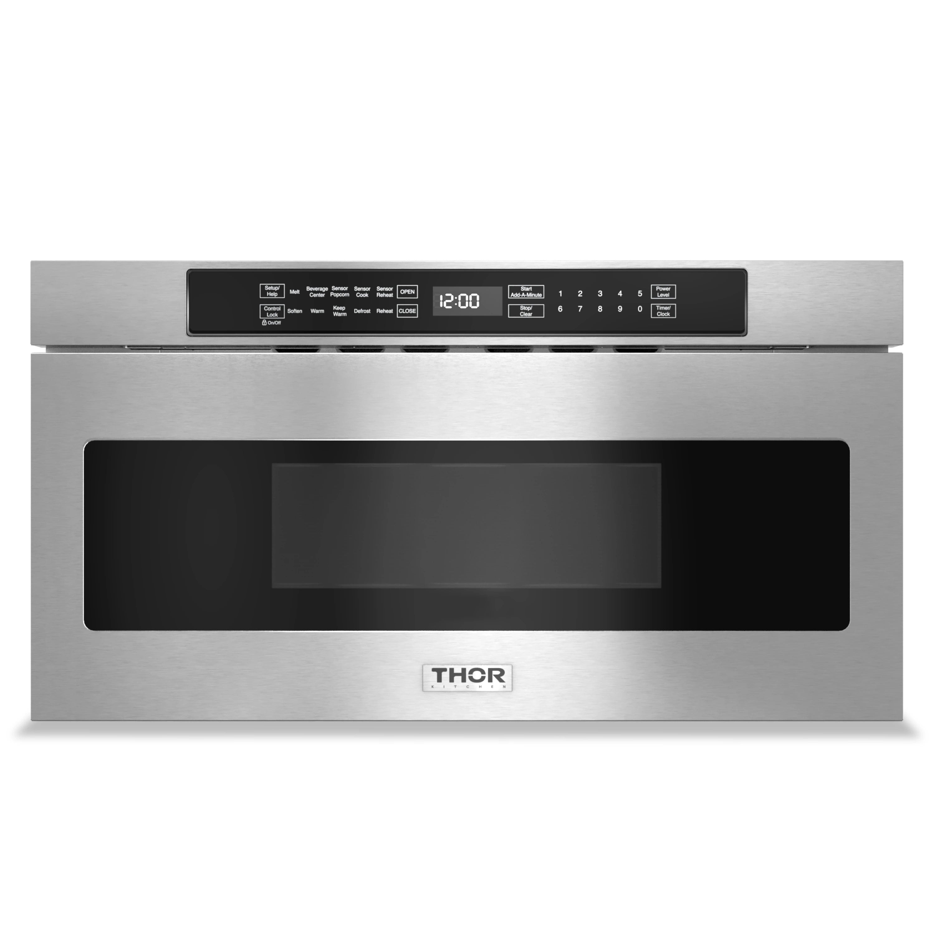 Stainless microwave drawer with black window door and centered THOR badge
