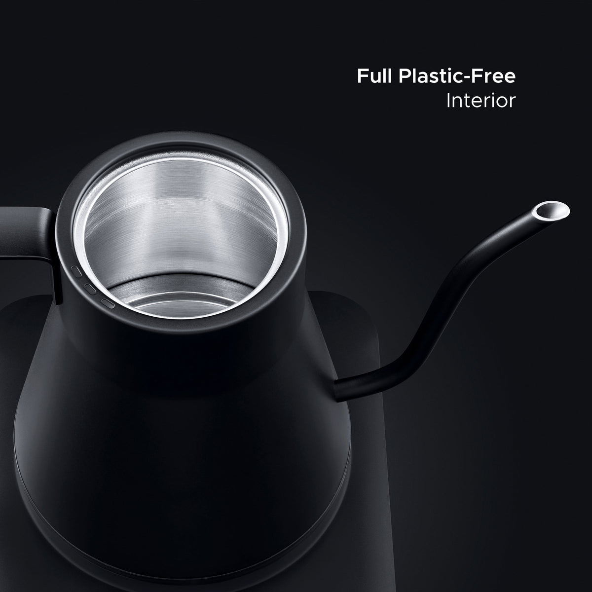 Black electric gooseneck kettle with open top showing stainless interior
