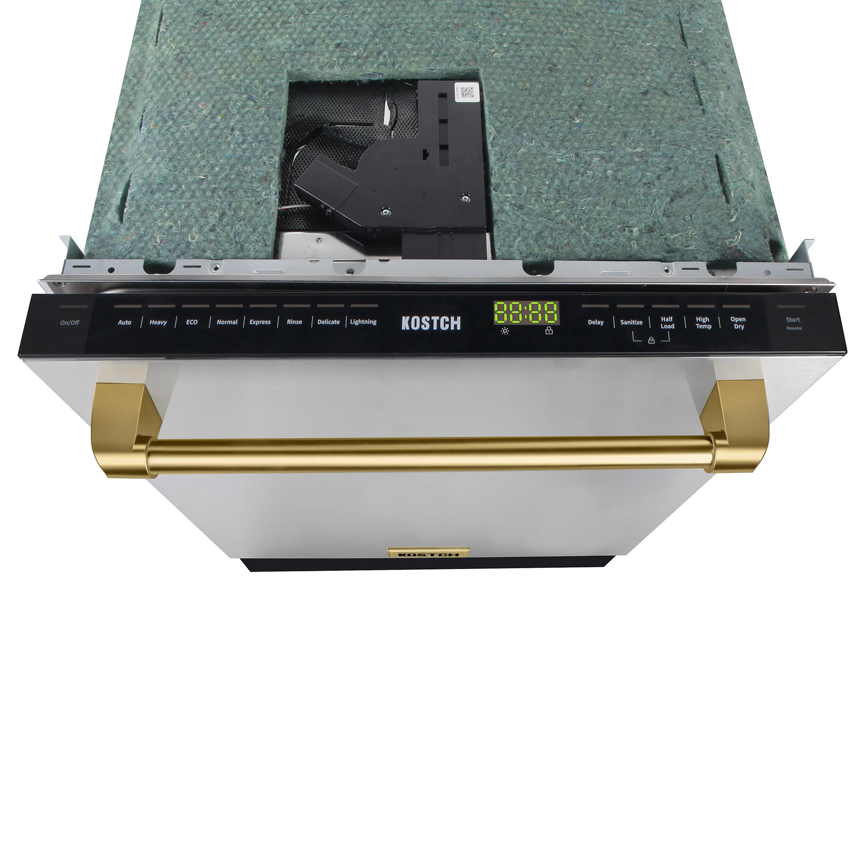 Dishwasher control panel on open door with LED display and bronze handle