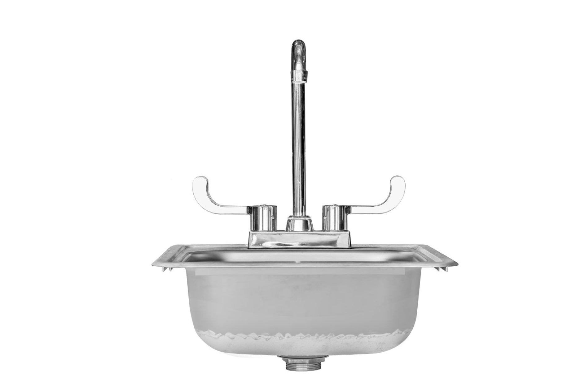 Stainless single-basin drop-in sink with chrome faucet and wide rim