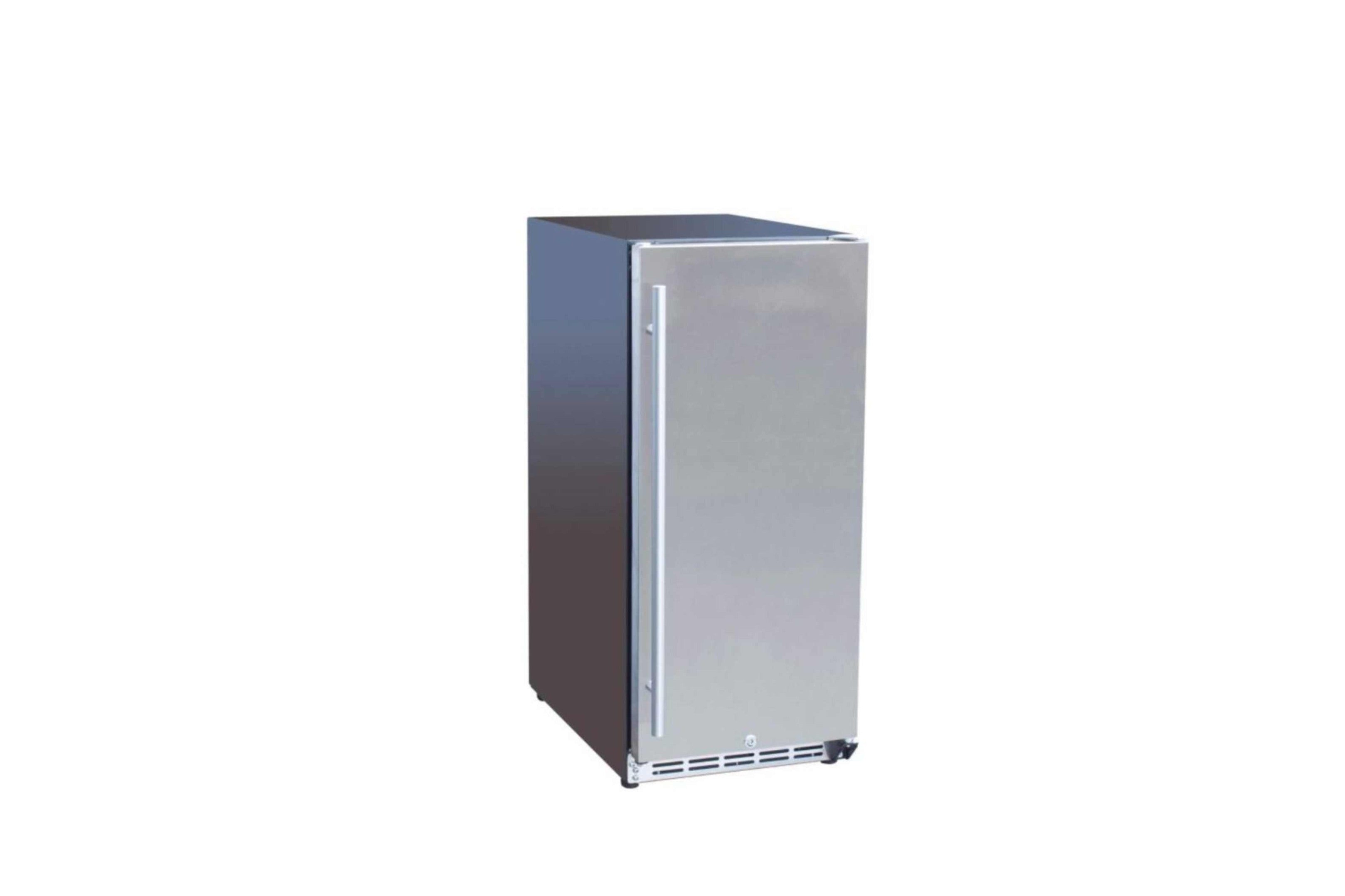 Outdoor rated refrigerator, stainless door open on side view