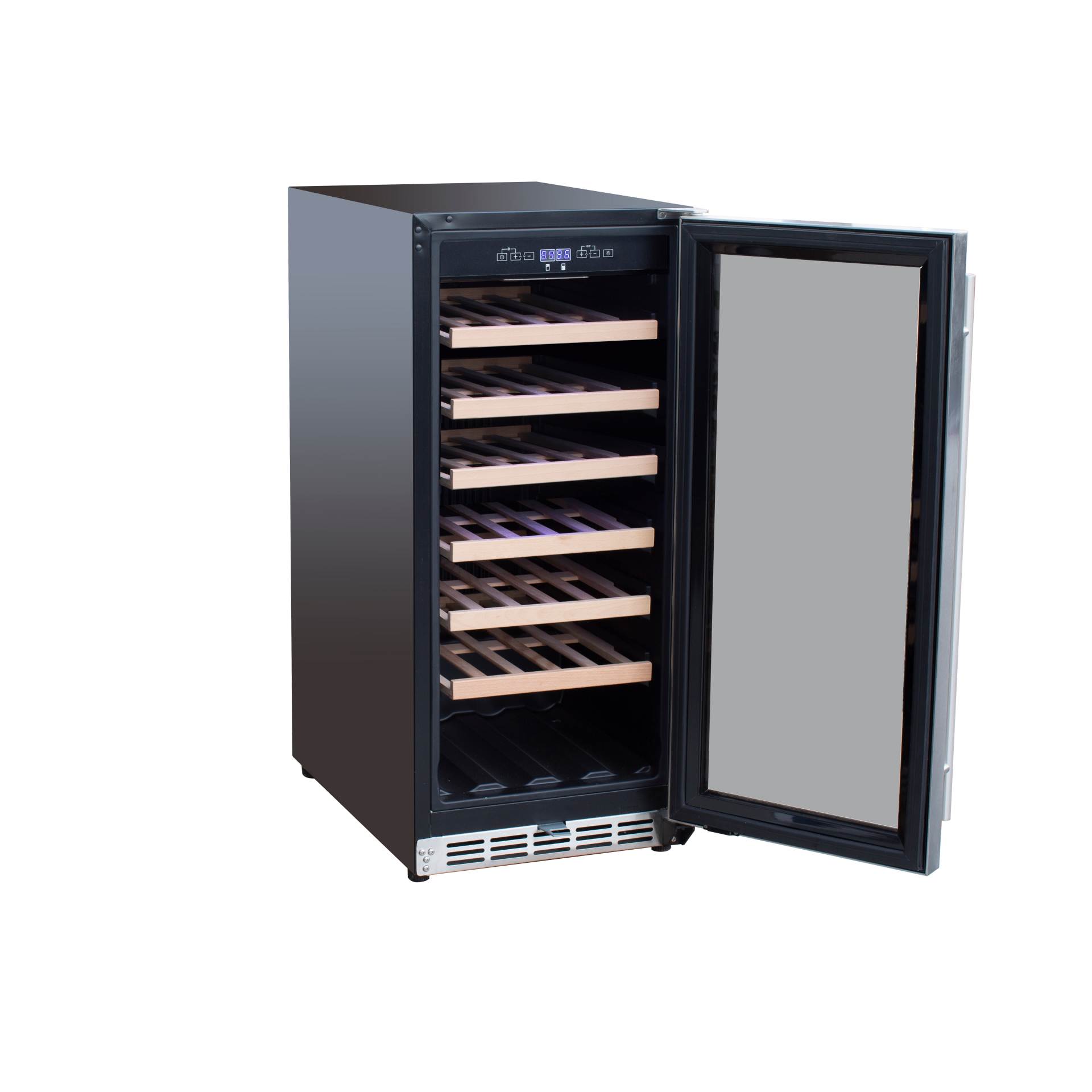 Stainless steel outdoor wine cooler with open door showing multiple wine racks and controls