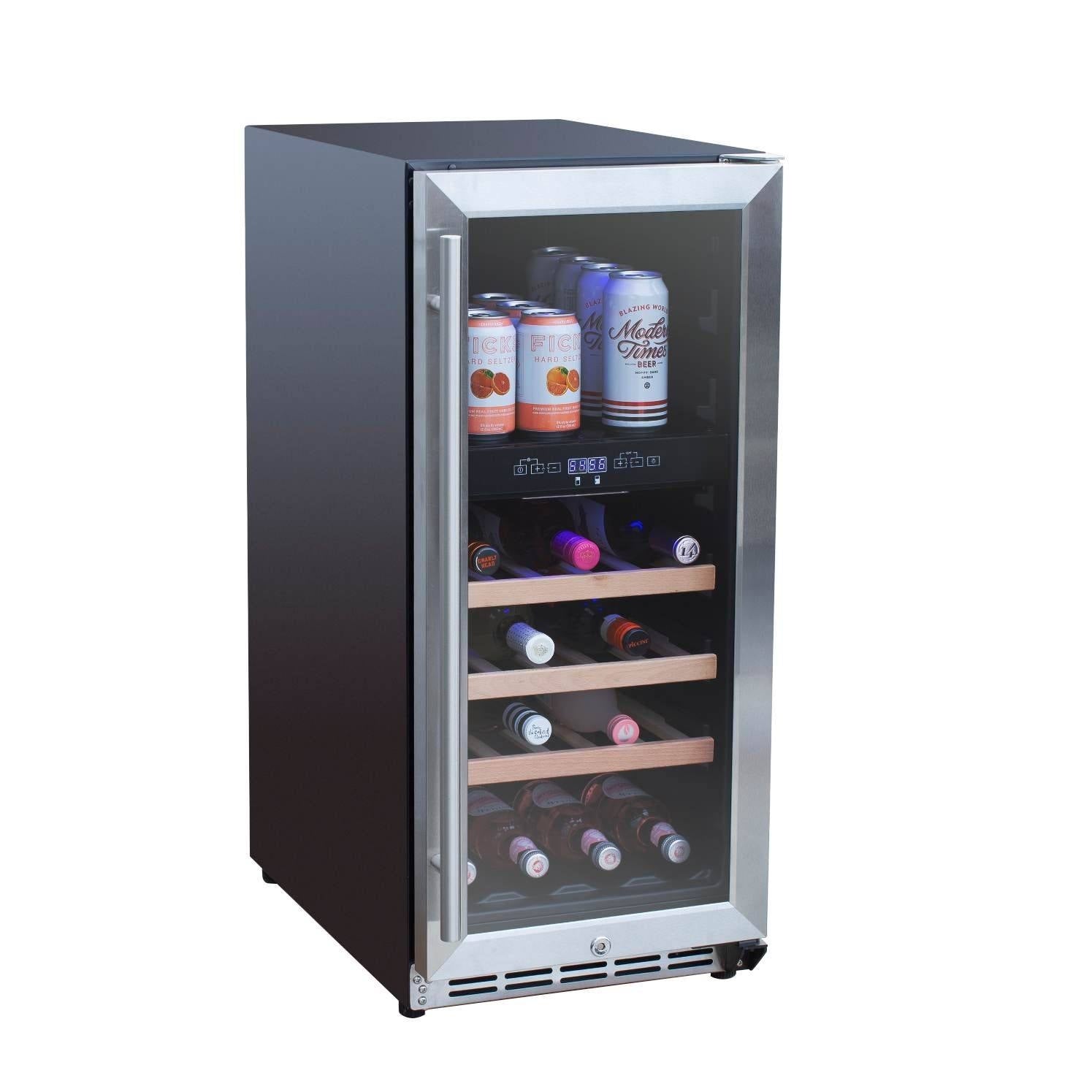 Stainless steel wine cooler with door open, bottles inside and blue interior lights