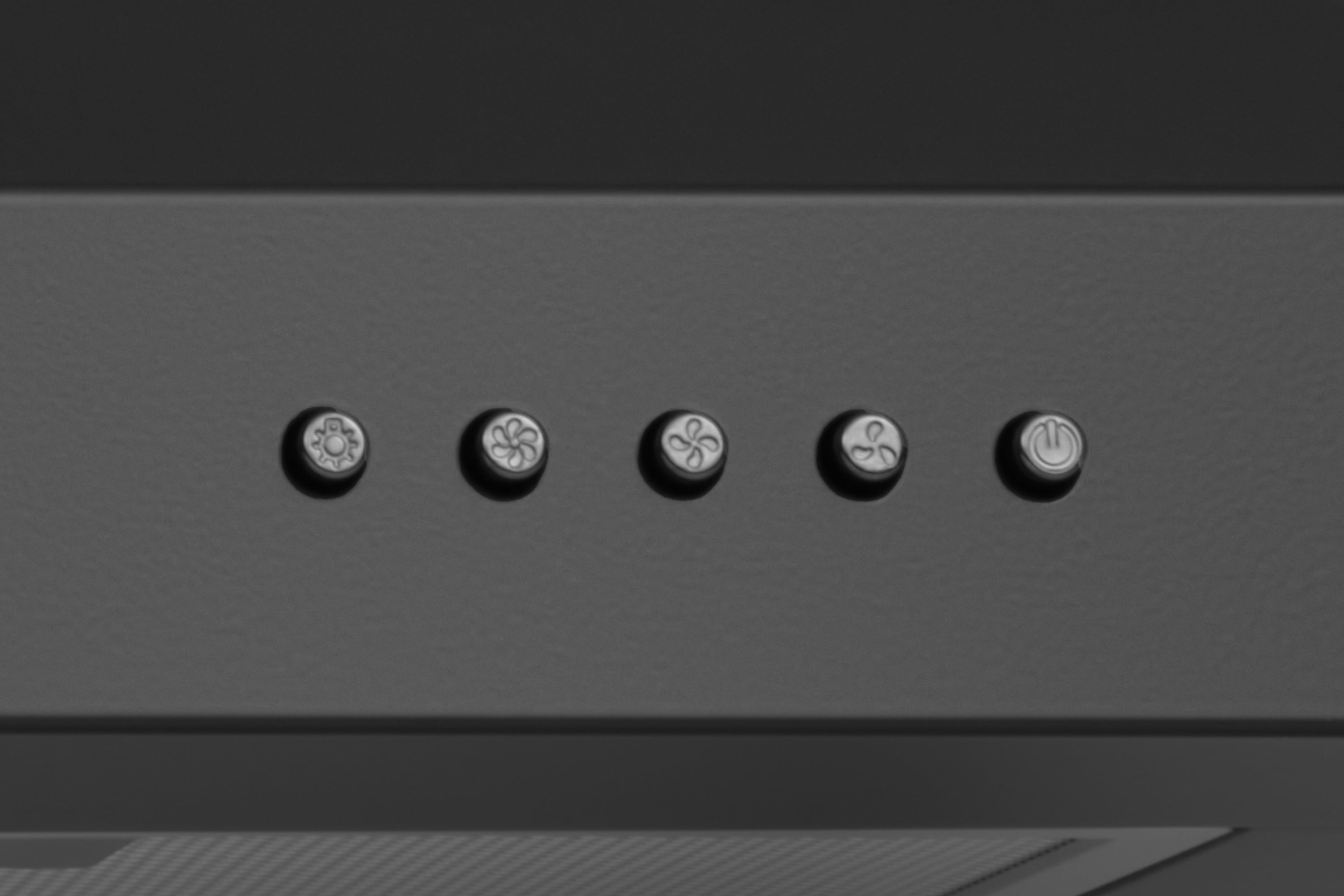 Range hood control panel with five round buttons on dark matte surface