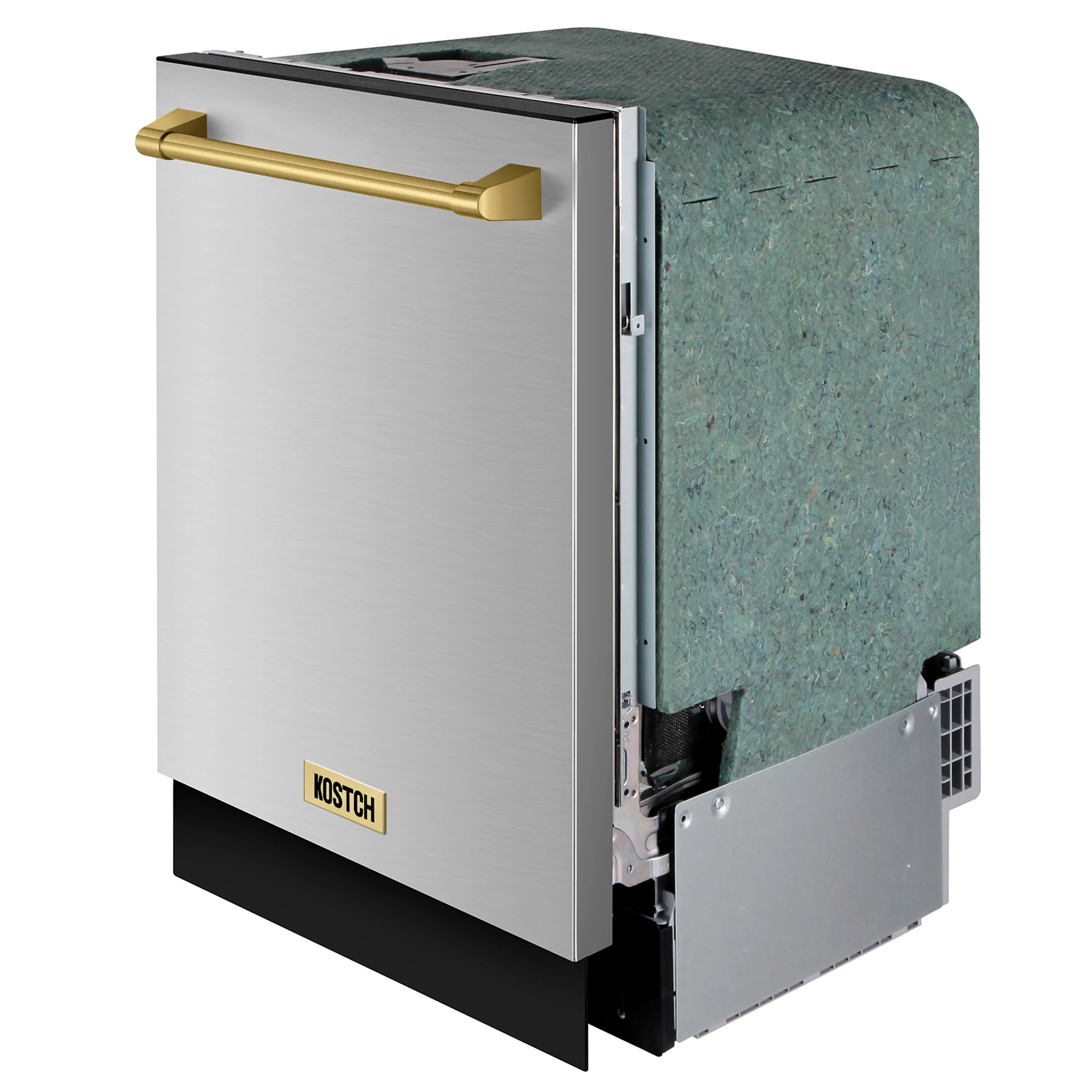 Stainless steel built-in dishwasher with open side access panel and bronze handle
