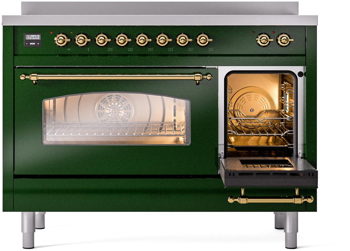 Emerald green freestanding electric induction range with side oven window and open door