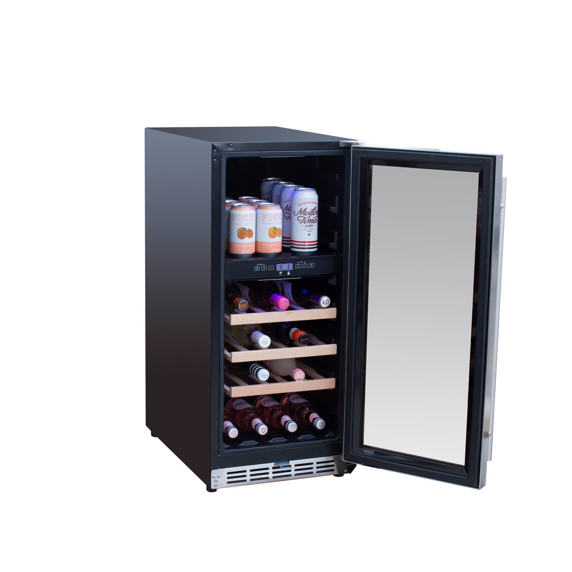 Dual-zone wine cooler in stainless steel with open door and bottle storage shelves
