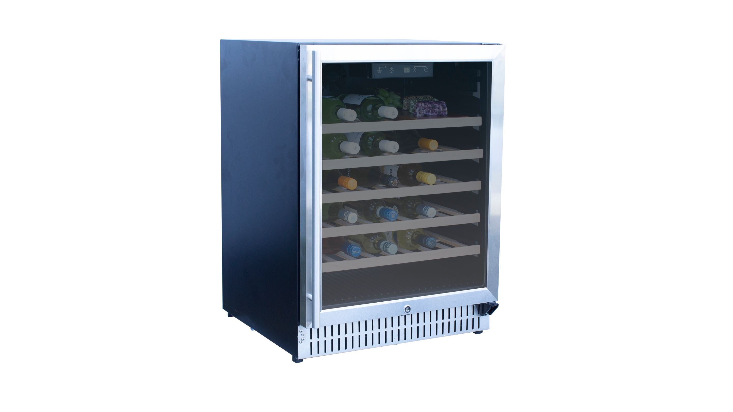 Stainless steel outdoor wine cooler with open side access and front vented base