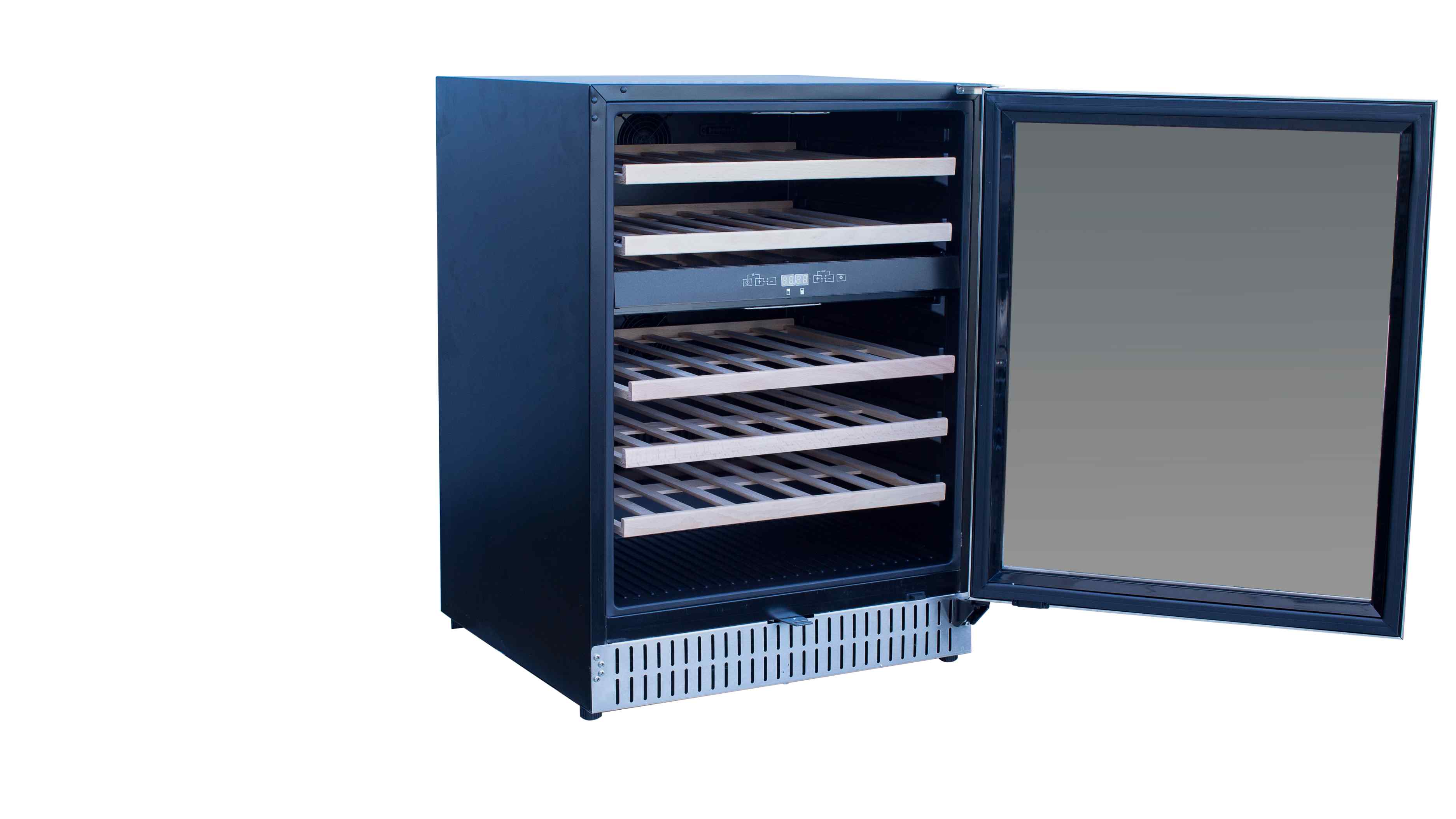Dual-zone wine cooler with door open, interior racks and stainless side panels