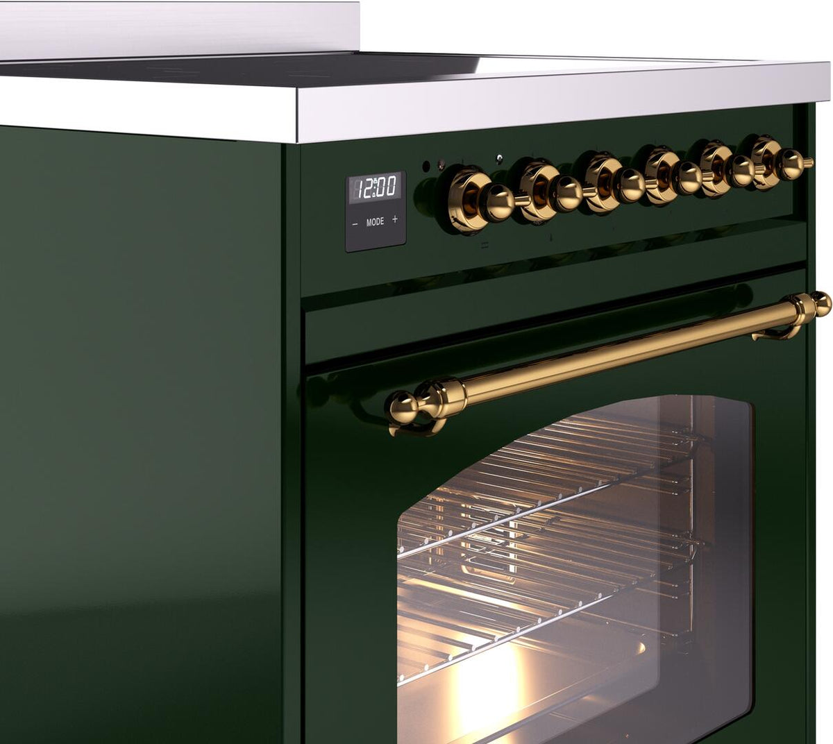 Emerald green induction range close-up with brass control knobs and oven door window