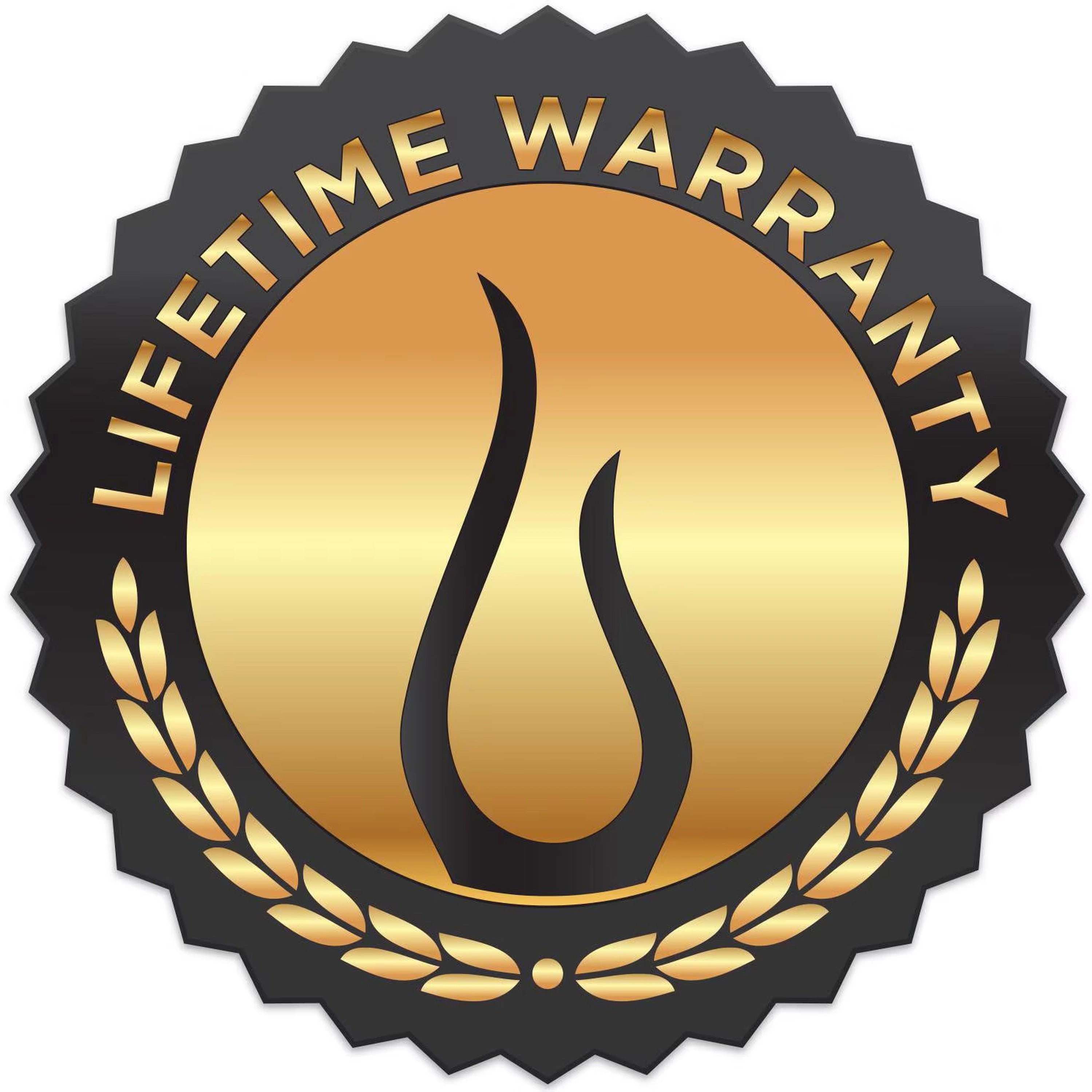Warranty badge with flame icon and LIFE WARRANTY text