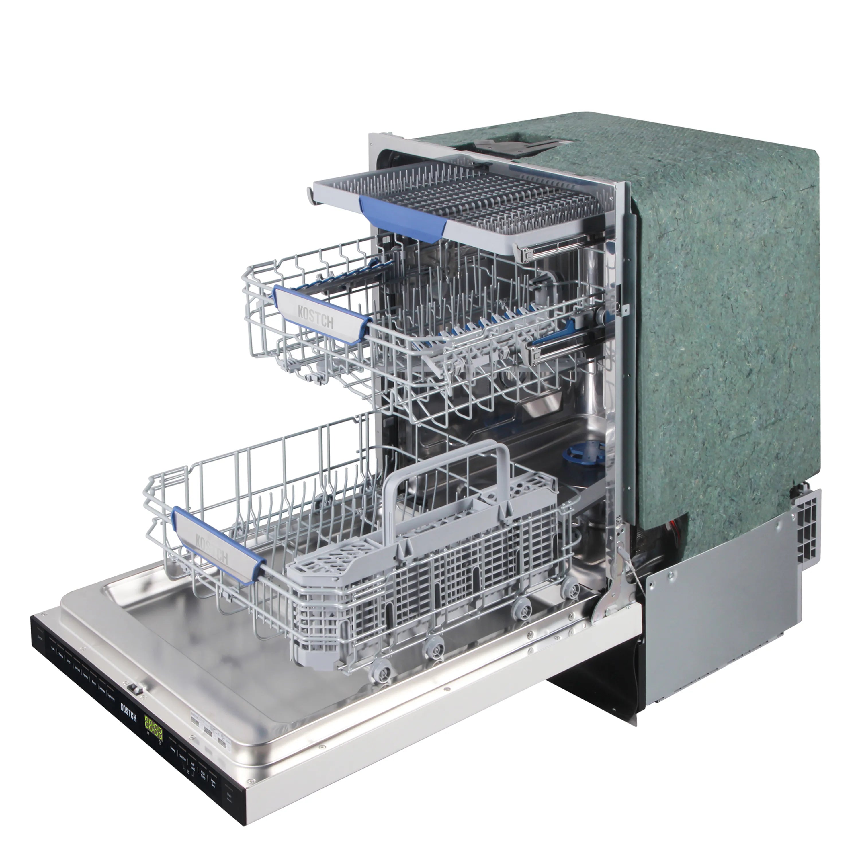 Built-in dishwasher with open door and stainless racks, ready for loading