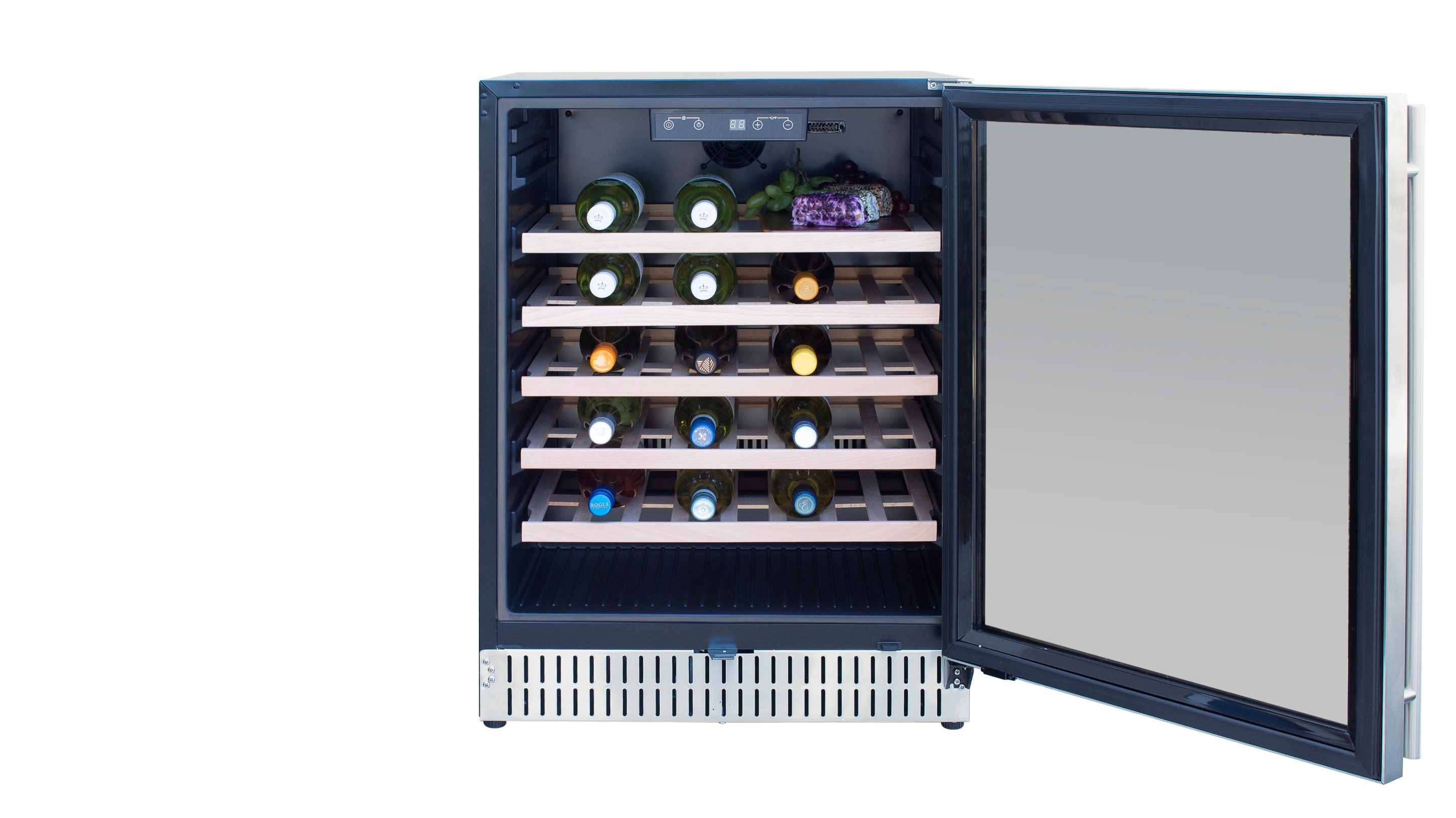 Outdoor wine cooler with stainless frame, open door, and multiple wooden wine shelves