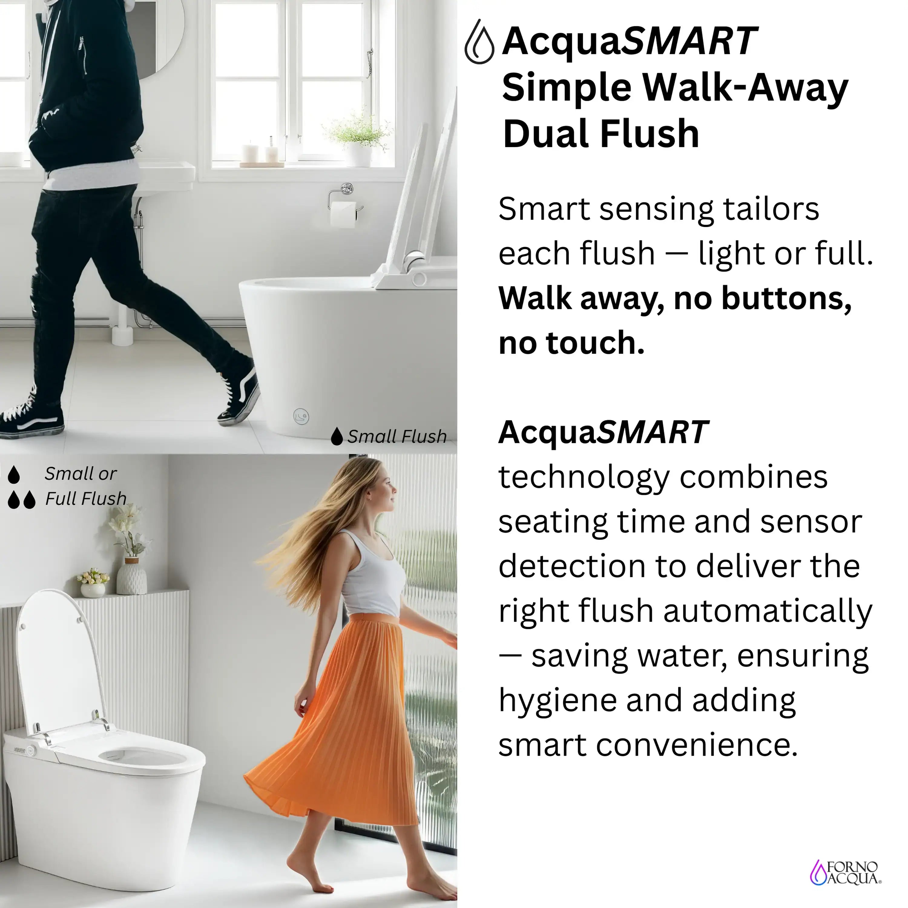 Smart toilet with walk-away dual flush, white seat and elongated bowl