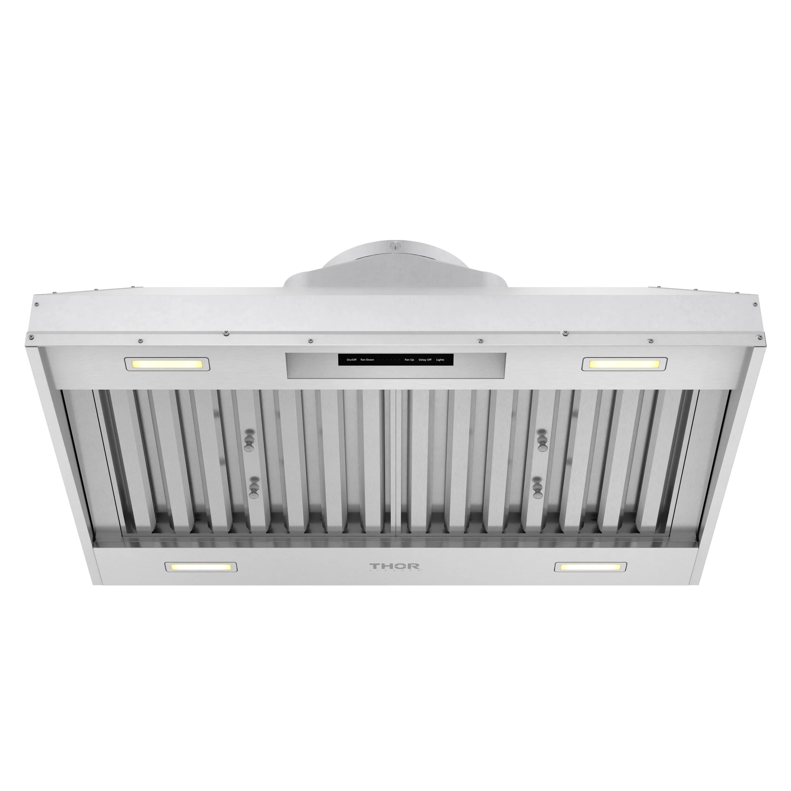 Overhead view of stainless steel range hood insert with vent slats and center filter