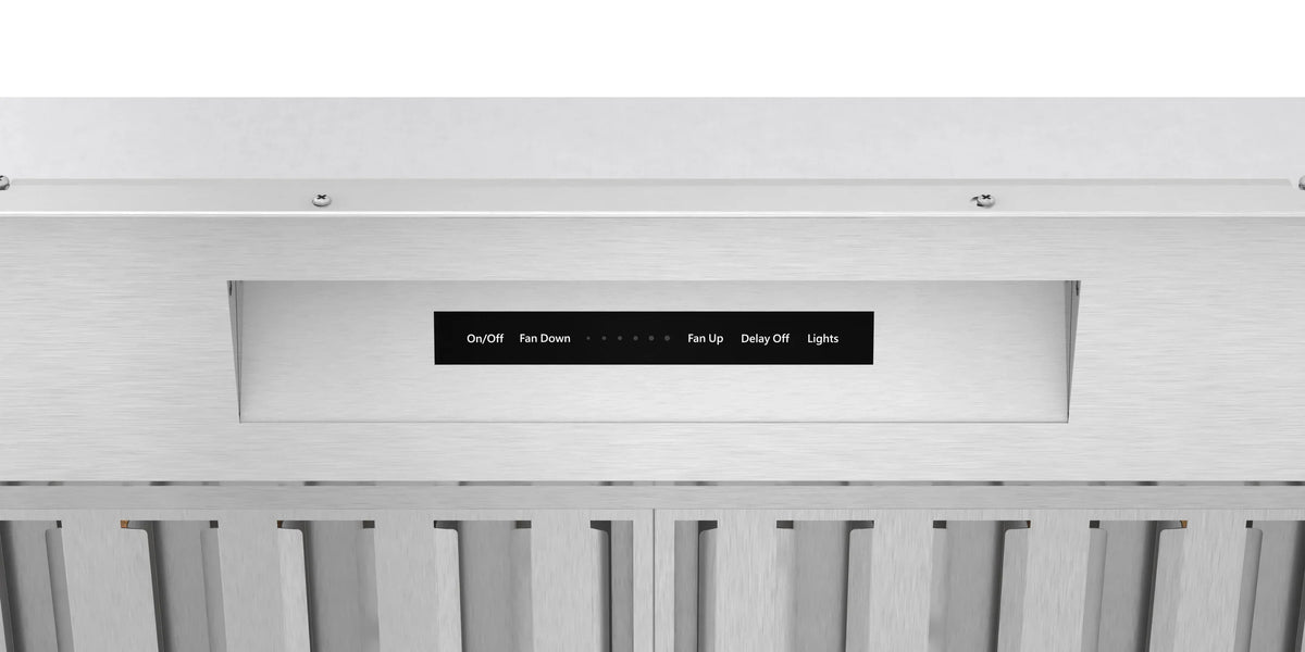 Range hood insert control panel with fan, light, and timer buttons