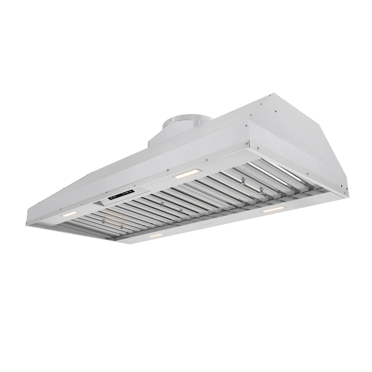 Stainless steel wall hood with vent grille and recessed light strips