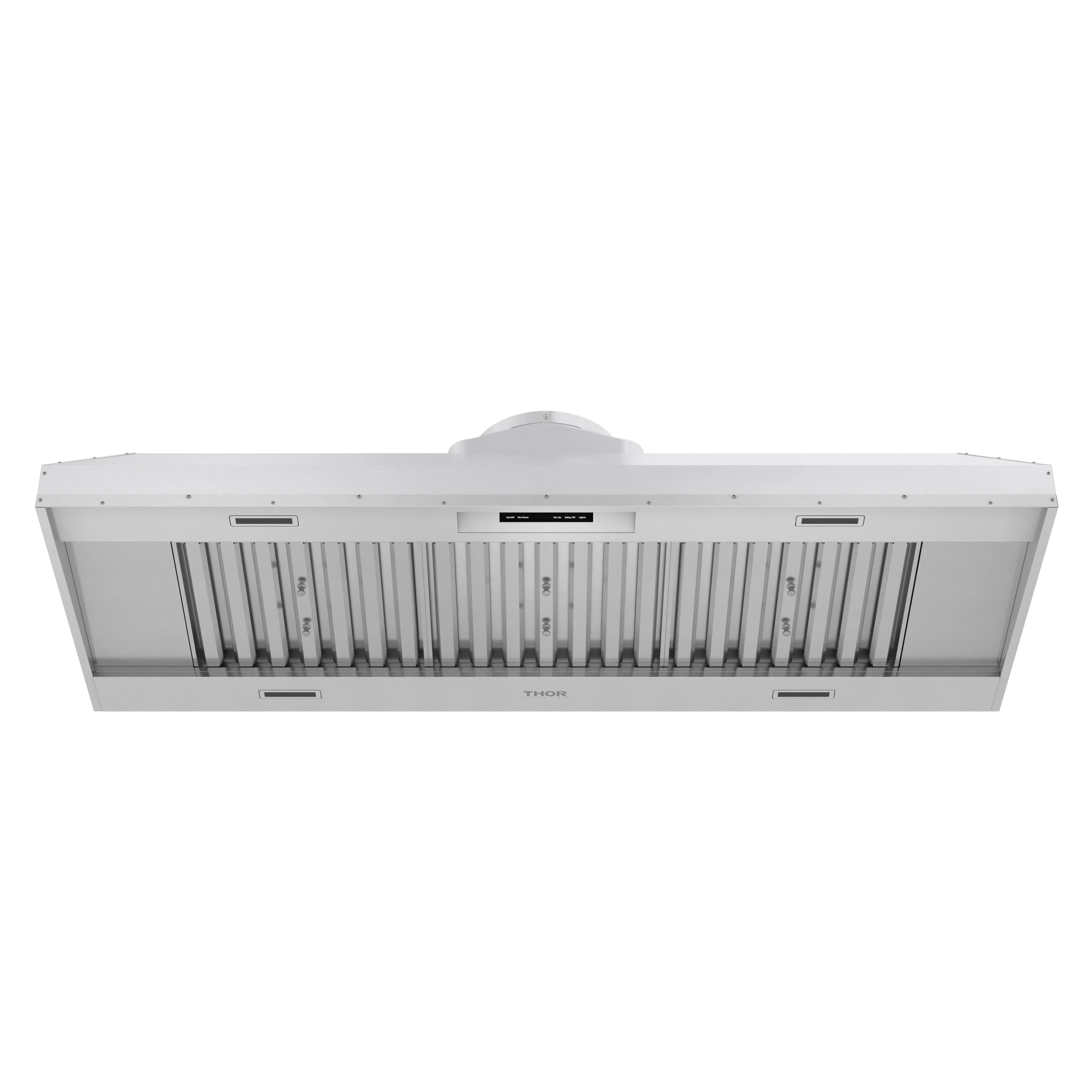 Stainless steel range hood insert with pull-out grease baffles and vent slots