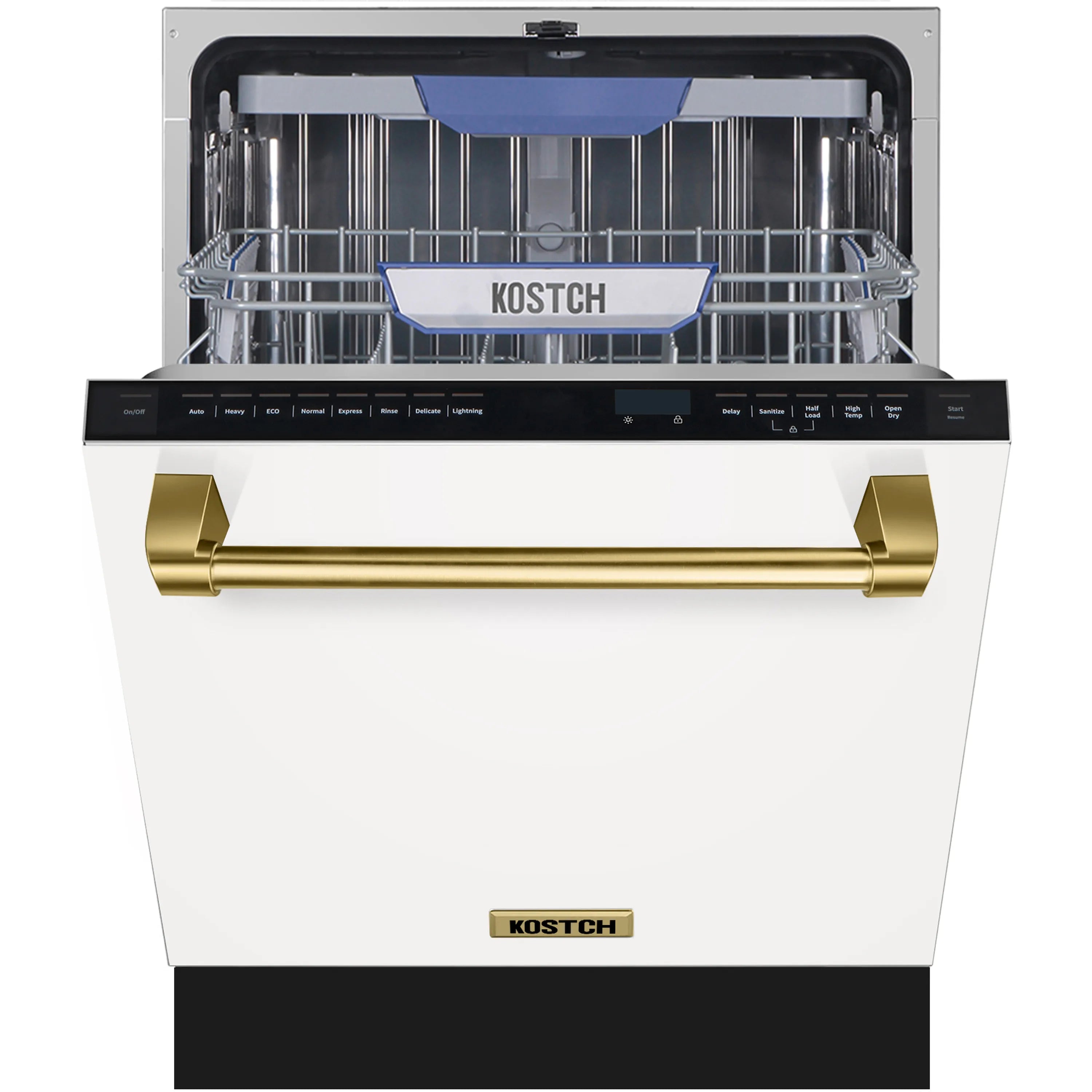 Dishwasher front with open racks and blue third rack, bronze handle