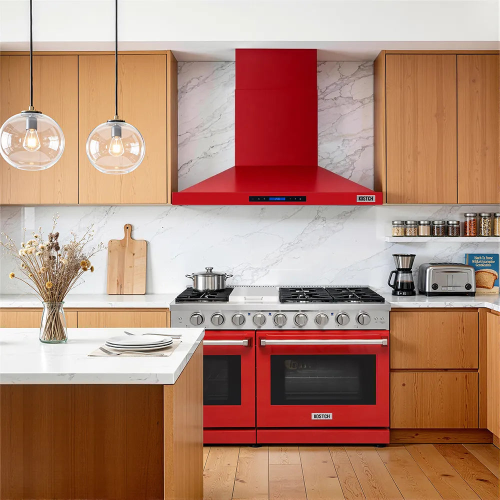 Red wall-mounted convertible range hood with chimney and vent filter canopy.