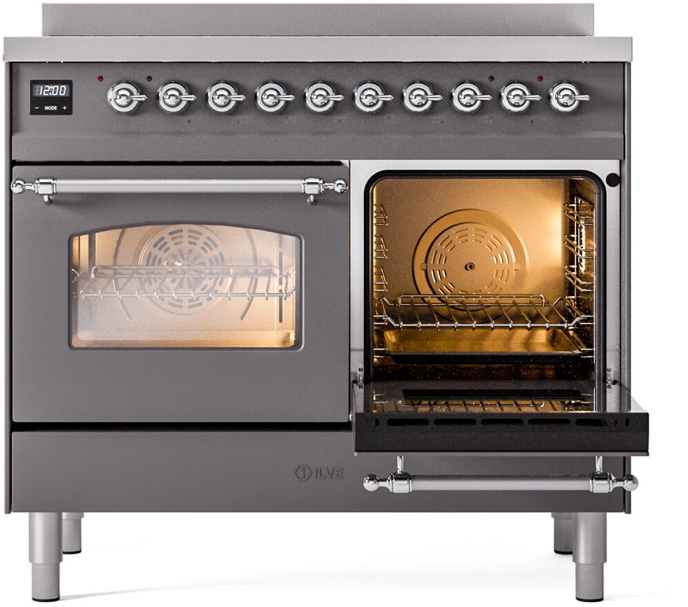 Matte graphite induction range with one oven door open and chrome front handle