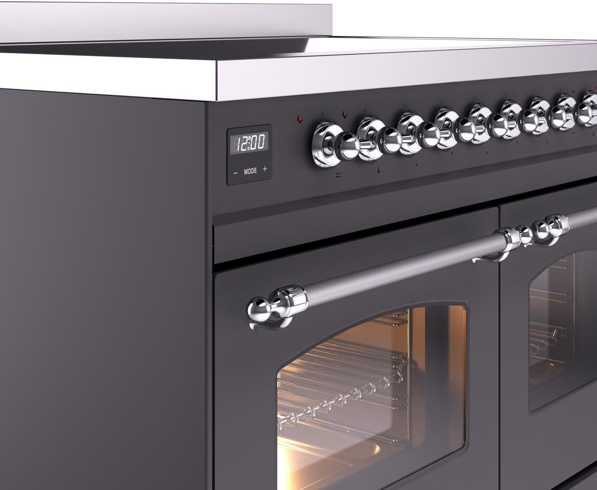 Control knobs and oven door with chrome trim on a matte graphite induction range