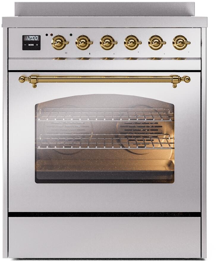 Stainless electric induction range with brass-trim knobs and closed glass oven door
