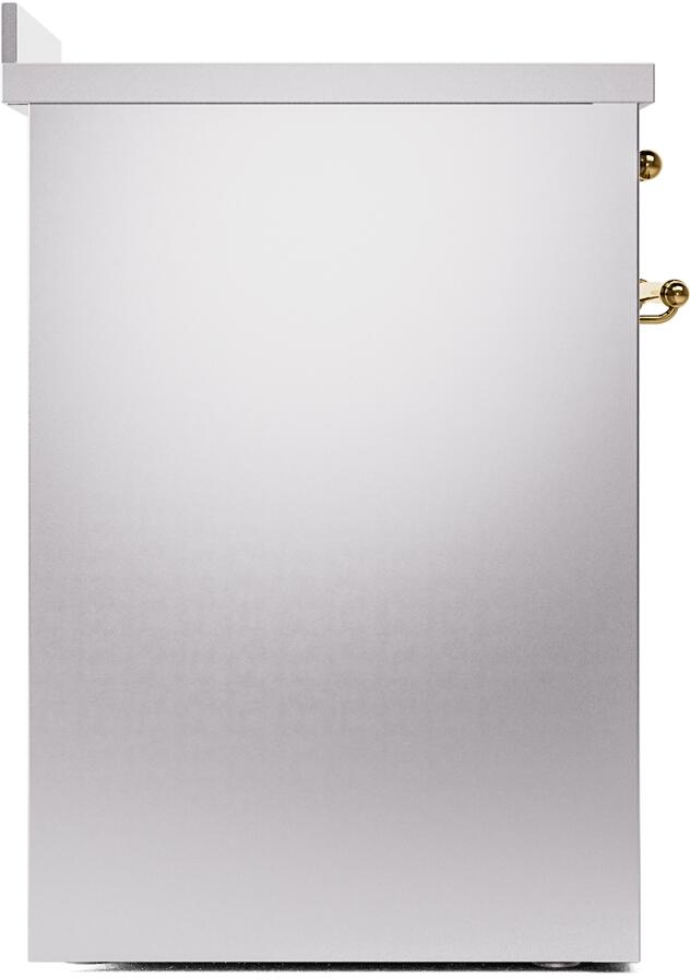 Stainless steel range side panel with brass trim and handle detail