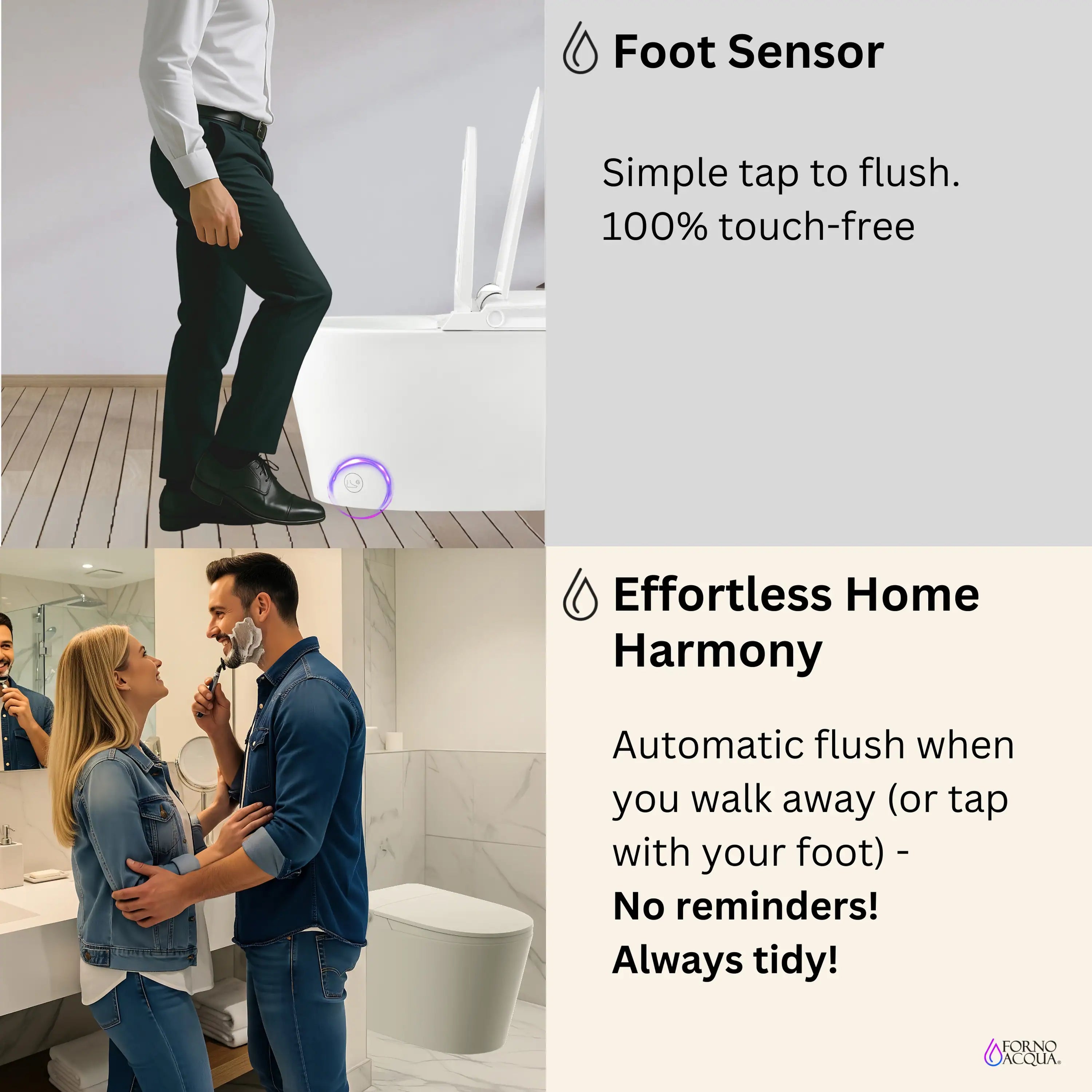 Smart toilet with foot sensor for touch-free flushing, white bowl and seat