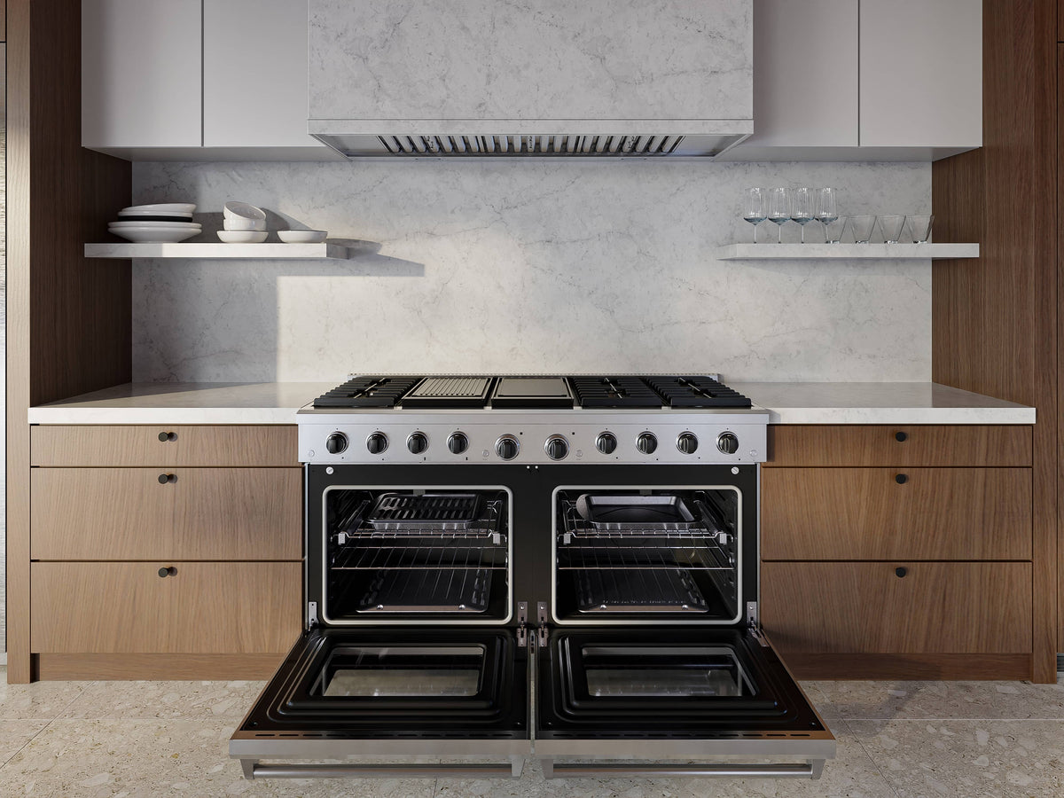 Stainless gas range with both oven doors open, showing racks and black burner grates