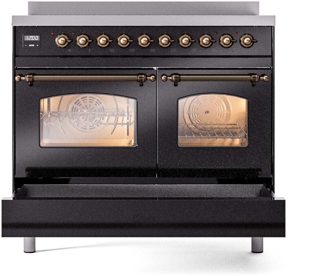 Freestanding electric induction range, glossy black with bronze trim and double glass oven doors