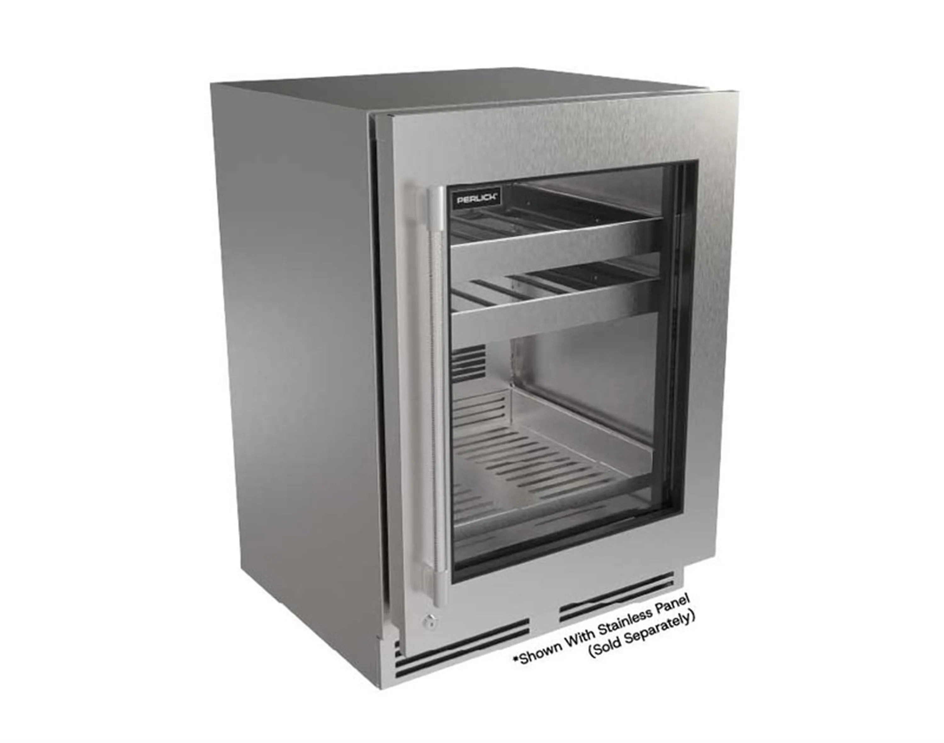 Stainless steel undercounter beverage center with glass door and interior shelves.