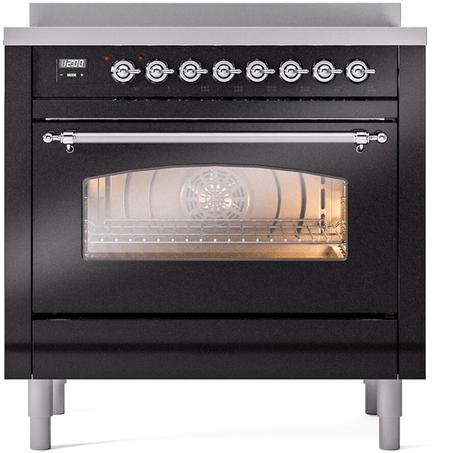 Freestanding electric induction range with glossy black oven door and chrome handle trim