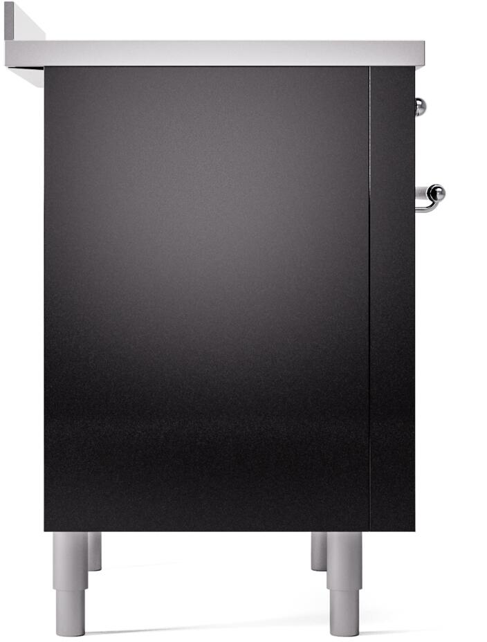 Glossy black oven body side panel with chrome mounting knobs and light gray legs