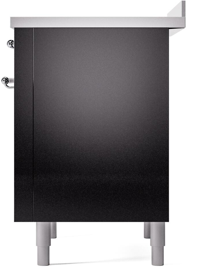 Glossy black induction range side panel with chrome latch hardware and gray leveling legs