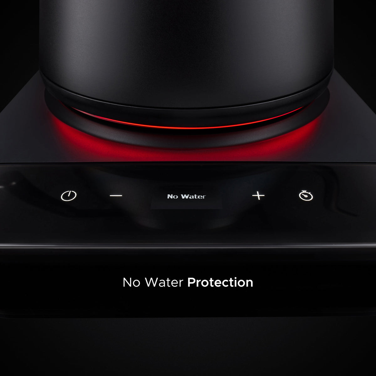 Matte black electric gooseneck kettle base with red heating ring and no-water alert