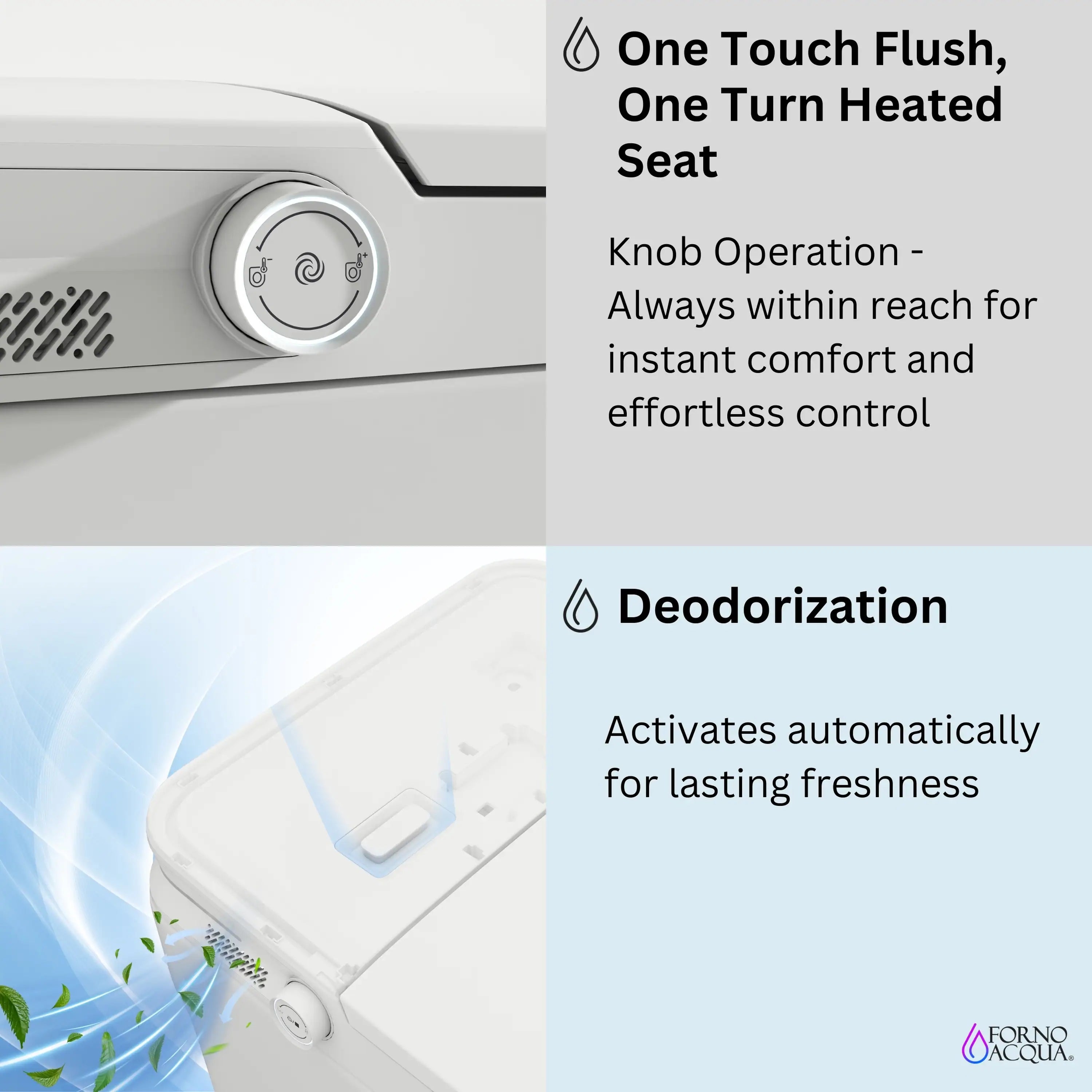 Smart toilet control knob on tank with labeled deodorization area beside seat.