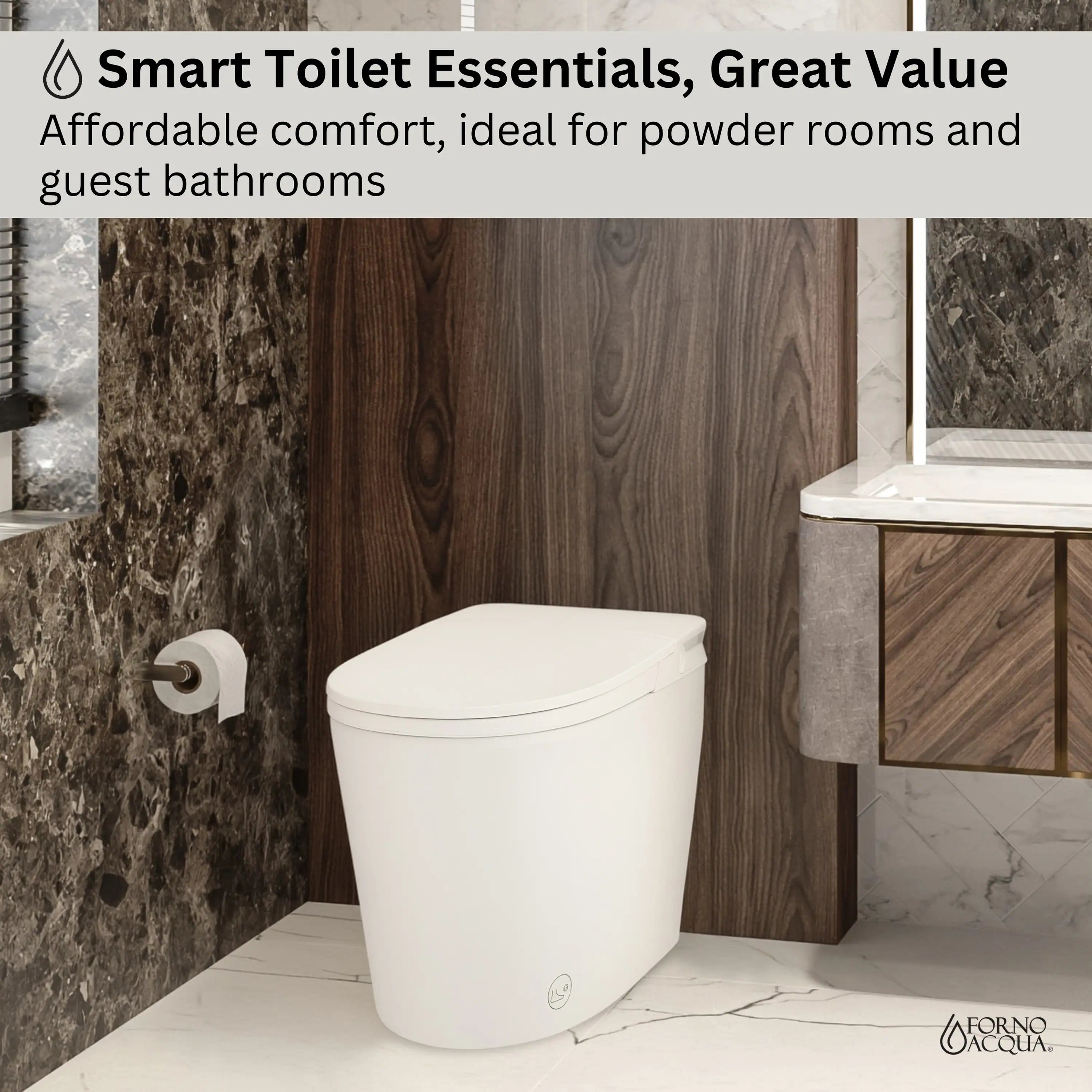 White smart toilet with closed seat and compact tankless shape for powder rooms