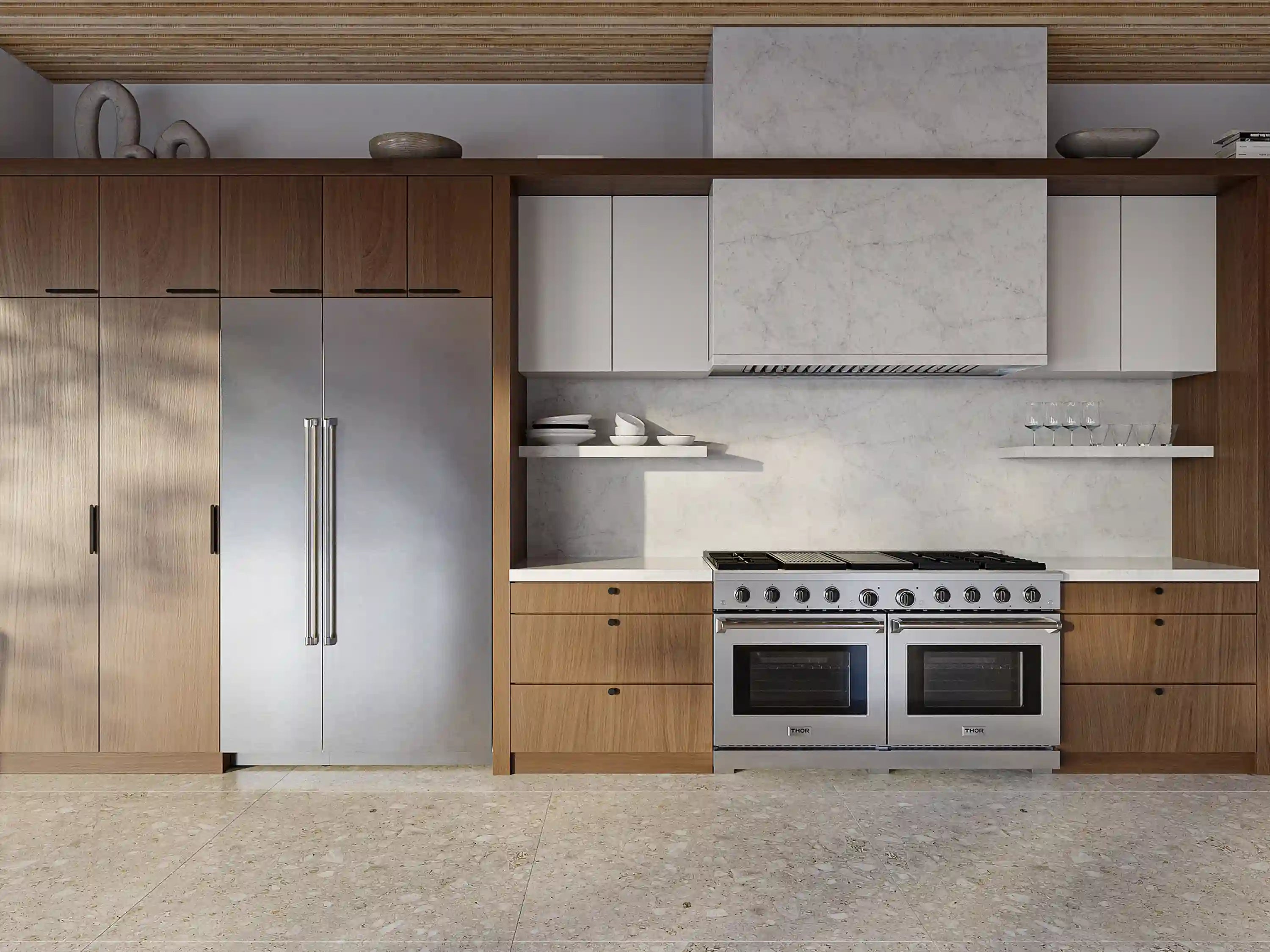 Stainless steel column refrigerator built into kitchen cabinetry