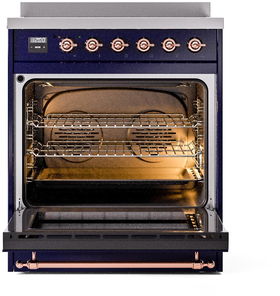 Induction range with open oven door, racks, and copper handle hardware