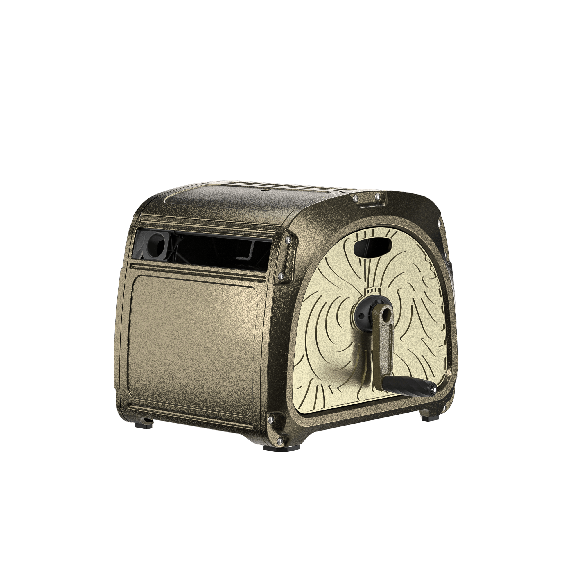 Garden hose reel box with beige drum and black front hose guide port