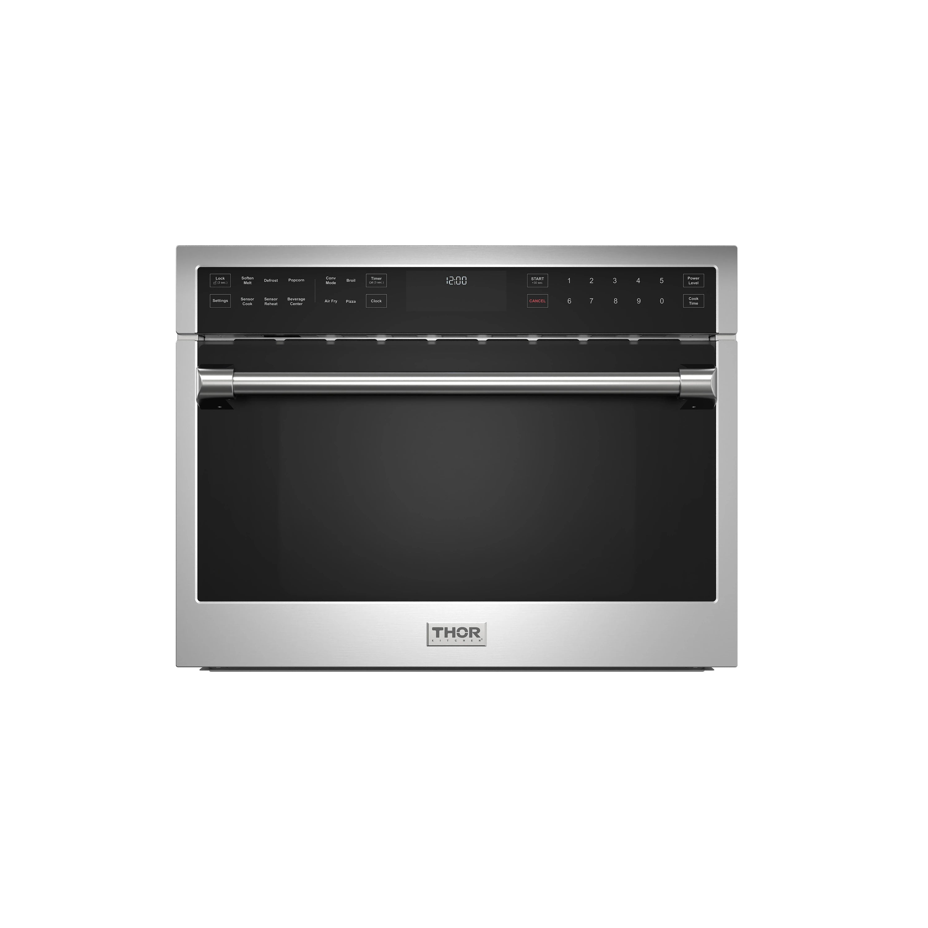 Stainless built-in air fry microwave oven with drop-down door and black viewing window