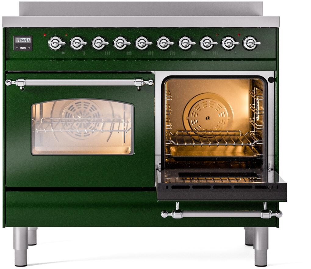 Emerald green range with one open oven door showing oven racks and interior fan