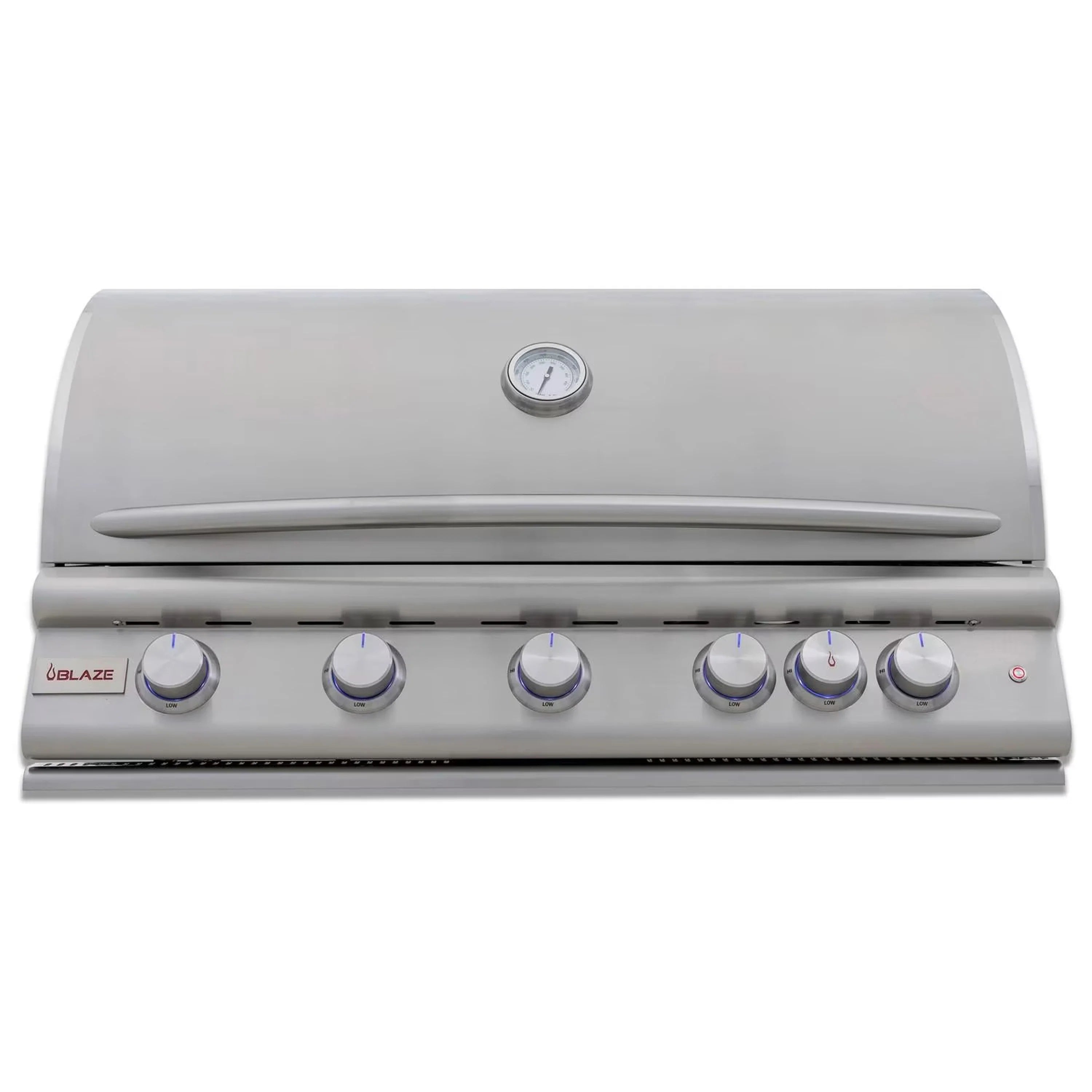 Stainless built-in natural gas grill with closed hood and five front control knobs
