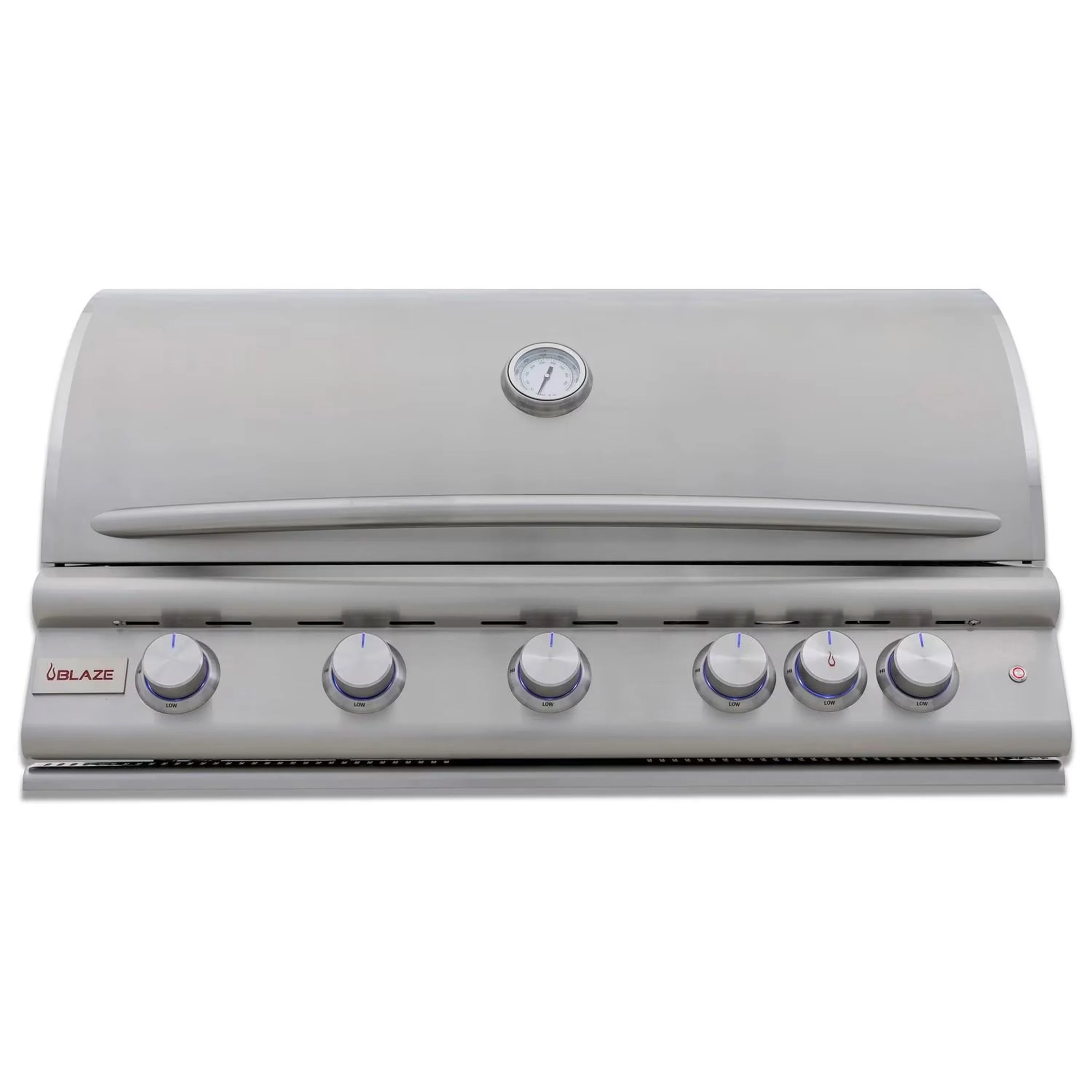 Stainless steel natural gas grill front control panel with five knobs and thermometer