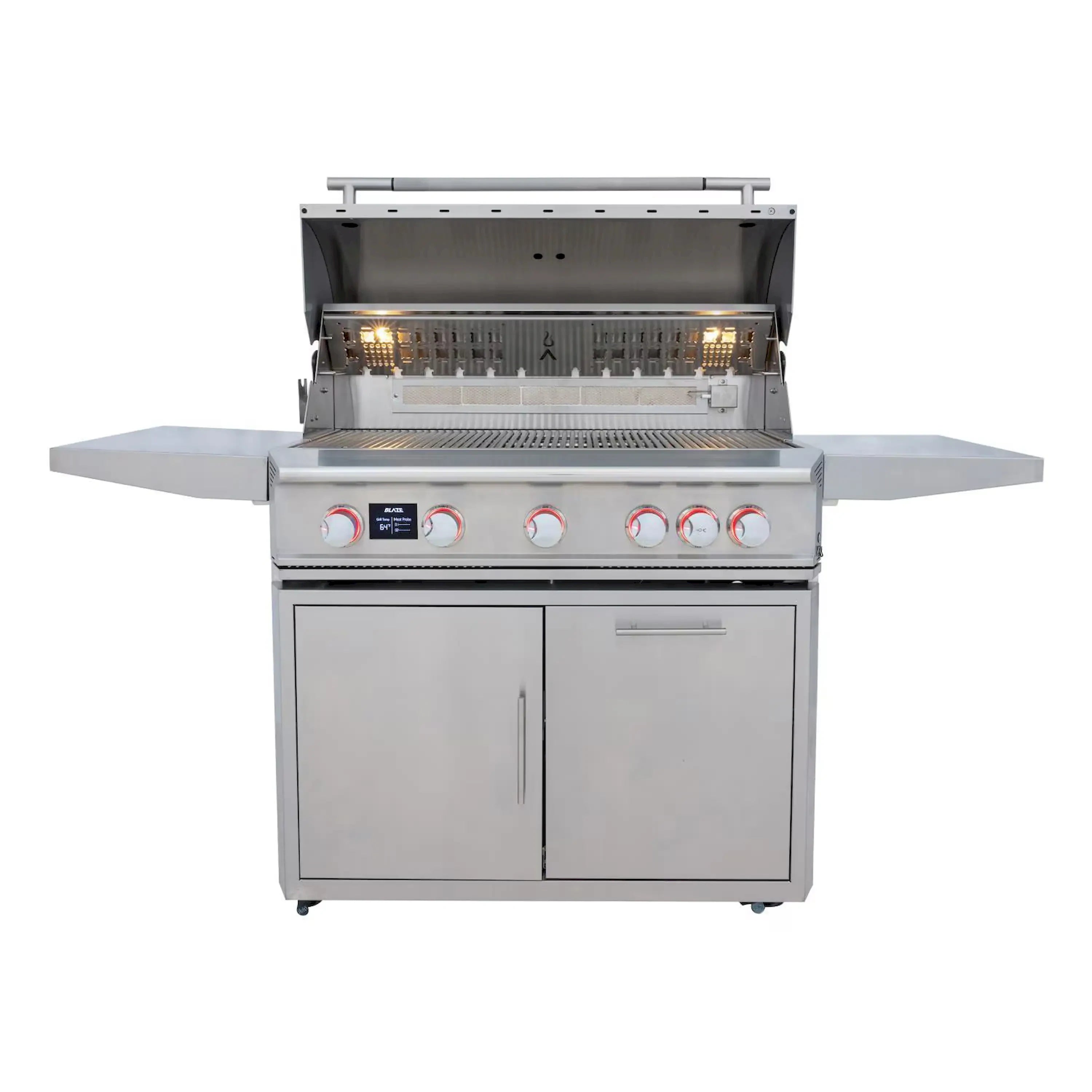Freestanding stainless steel gas grill with front control knobs and open firebox