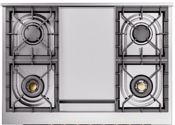 Freestanding dual-fuel range cooktop with four gas burners and bronze-trimmed frame
